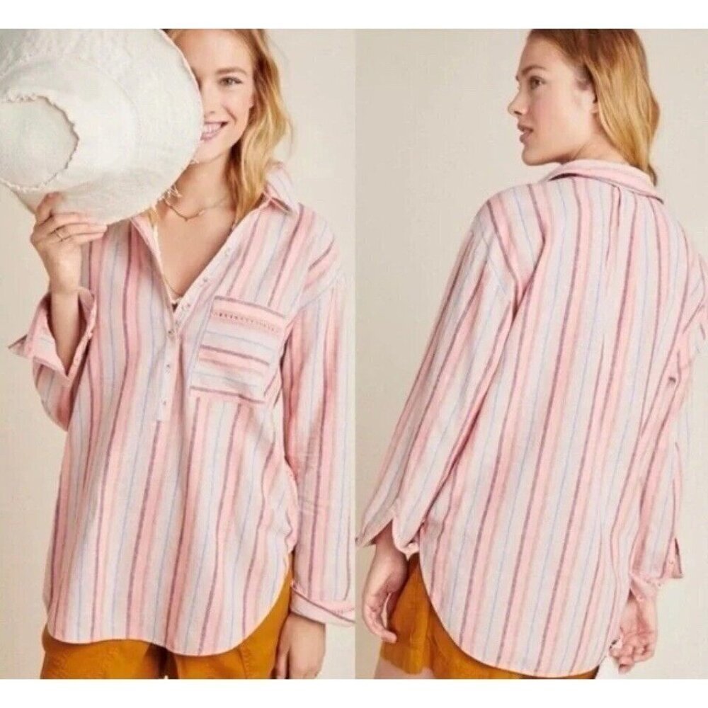 MAEVE By Anthropologie Women's S Small Pink Purple Stripe Button Long Sleeve Top